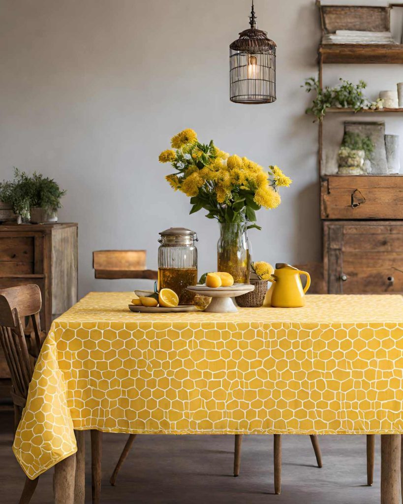 honeycomb tablecloth in a rustic room